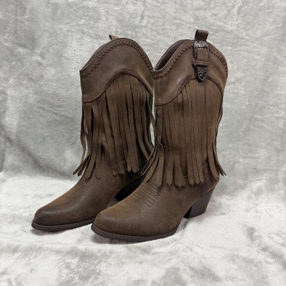 Pierre Dumas Cowgirl-10 Women's Brown Fringe Western Ankle Boots Size 7.5 - Picture 1 of 9